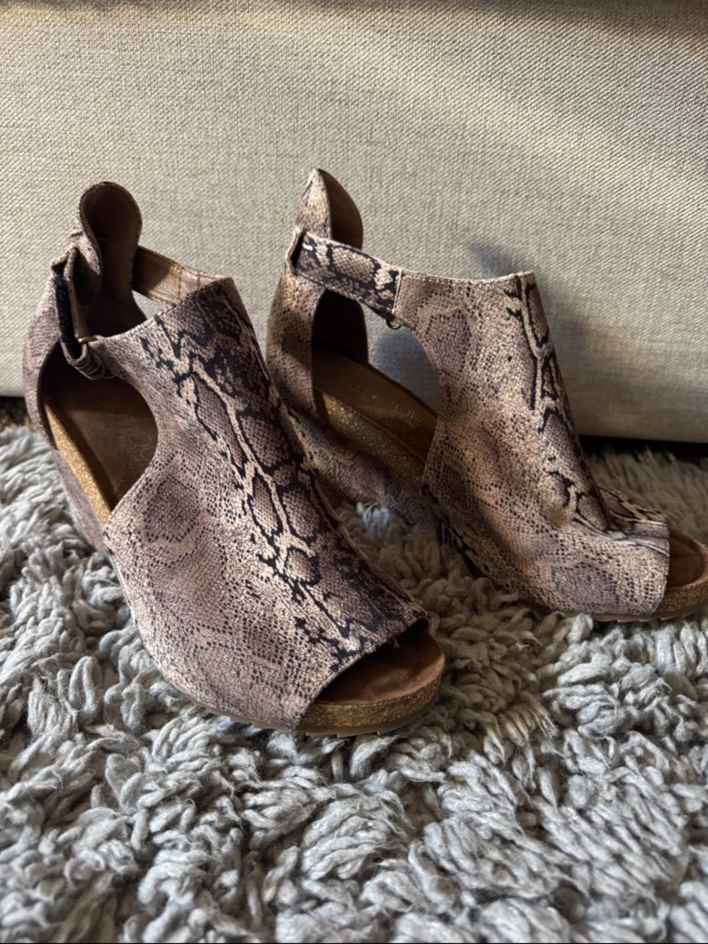 Women’s Snake-Print Peep-Toe Wedge Sandals - Taupe